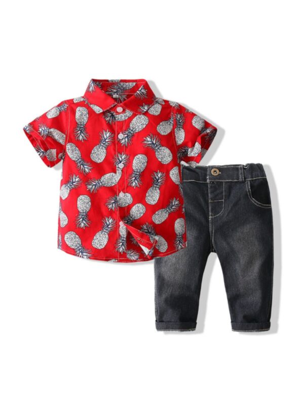 2 Pieces Kid Boy Pineapple Pattern Shirt And Jeans Set