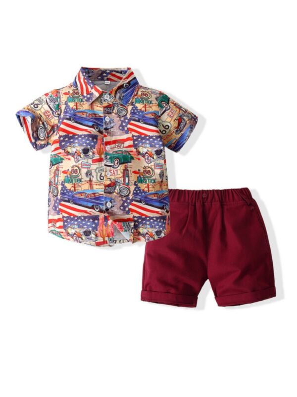Two Pieces Kid Boy Car Print Shirt With Shorts Set