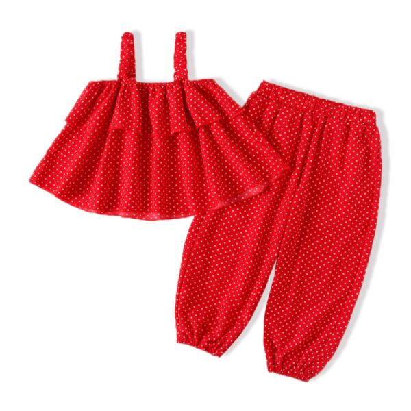 Two Pieces Kid Girl Polka Dots Set Ruffle Trim Cami Top With Pants Set