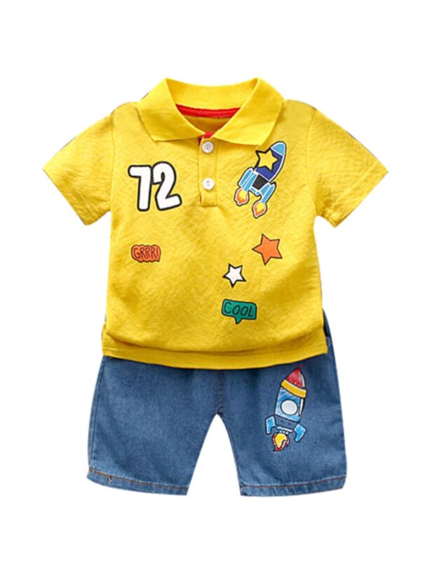 2 Pieces Toddler Boy Letter Polo Shirt & Rocket Denim Shorts Set