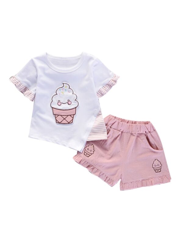 Two Pieces Toddler Girl Ice Cream Or Cherry Pattern Outfits Irregular Hem Top And Shorts