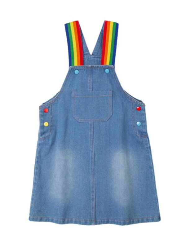 Kid Girl Rainbow Stripe Denim Suspender Skirt