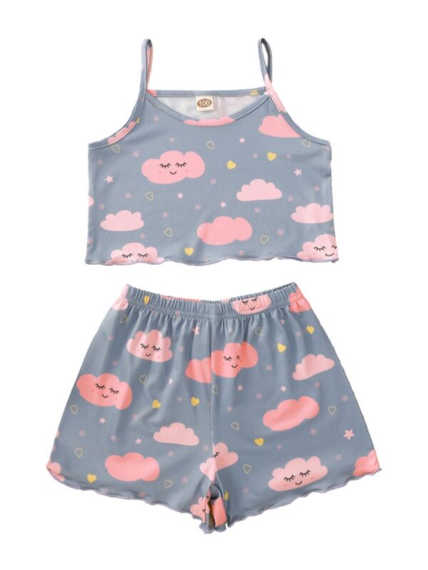 Two Pieces Kid Girl Cloudy Print Set Cami Top With Shorts