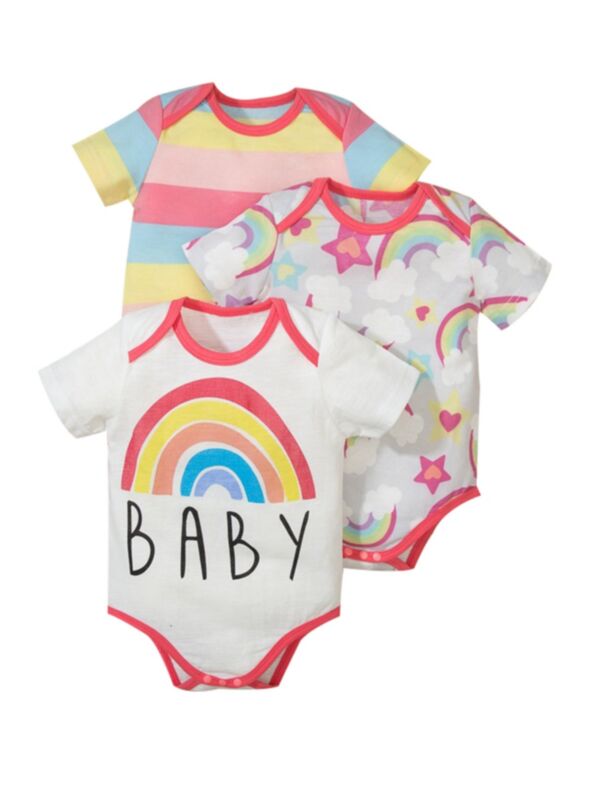 Three Packs Infant Girl Rainbow Stripe Wholesale Baby Bodysuits