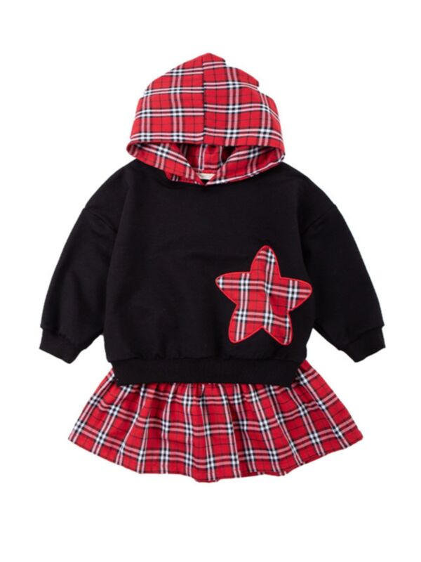 Two Pieces Kid Girl Star Check Set Hooded Sweatshirt With Skirt