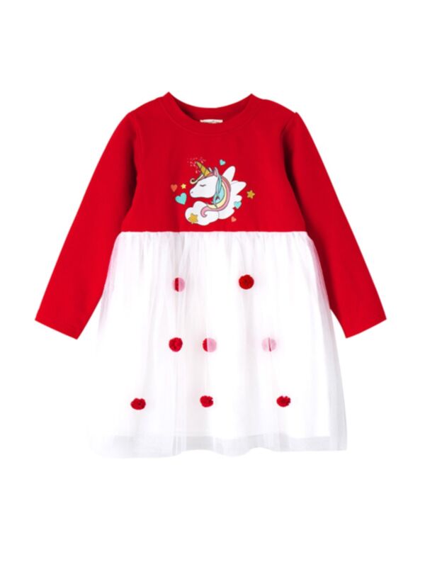 Kid Girl Unicorn Polka Dots Patchwork Mesh Dress