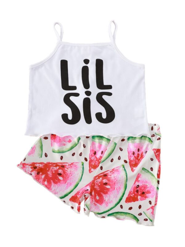 2 Pieces Girl Lil Sis Camisole And Watermelon Print Shorts Set