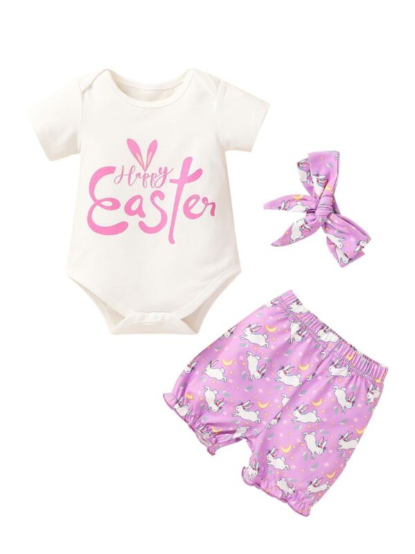 3 Pieces Baby Girl Easter Outfits Bodysuit & Shorts & Headband