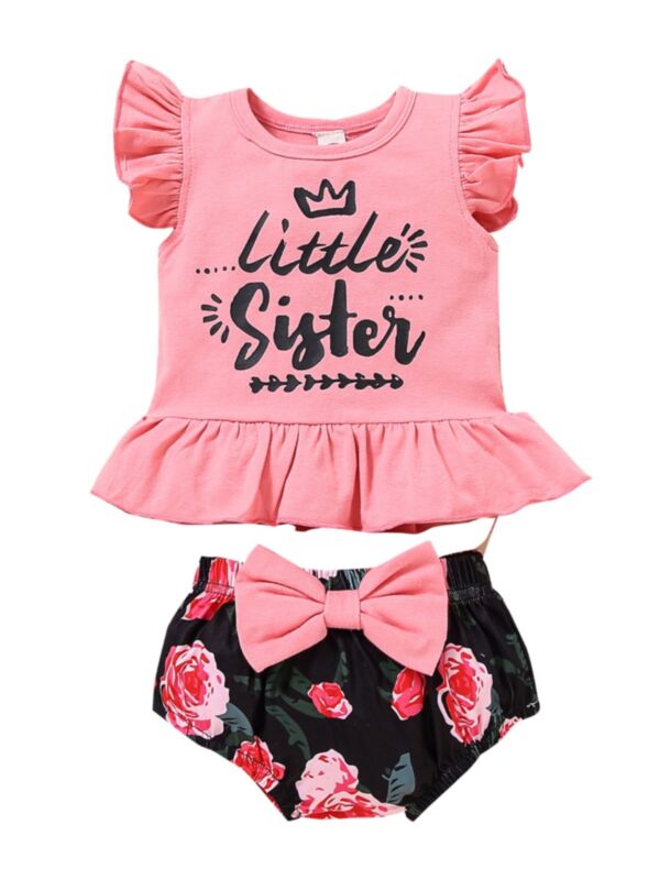 2 PCS Infant Girl Little Sister Flutter Sleeve Ruffle Peplum T-shirt And Flower Shorts Set 