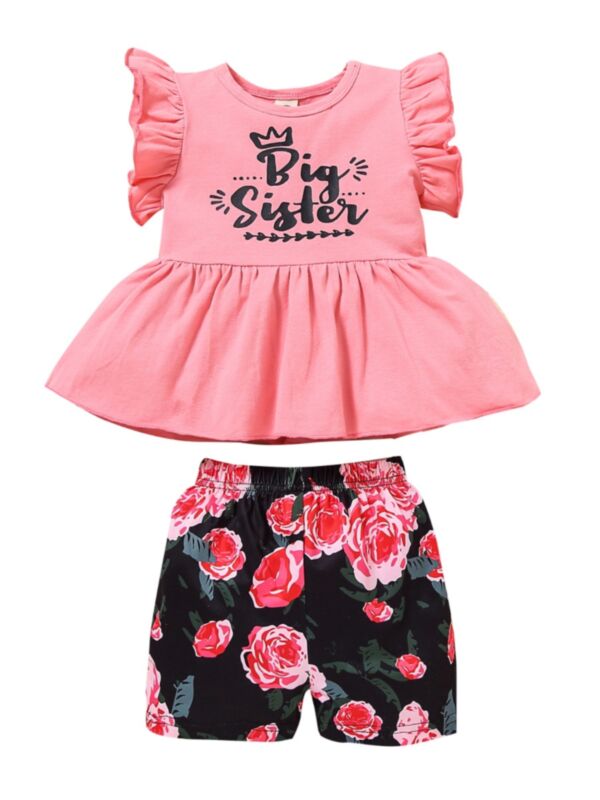 2 Pieces Toddler Girl Little Sister Flutter Sleeve Tunic Top And Flower Shorts Set 