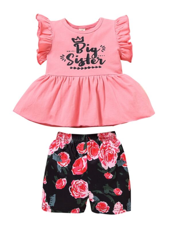 2 Pieces Toddler Girl Little Sister Flutter Sleeve Tunic Top And Flower Shorts Set