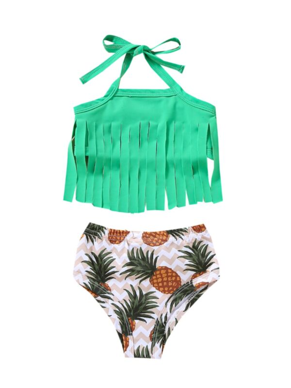 Two-piece Toddler Girl Bikini Set Tassel Hem Halter Neck Top & Pineapple Print Shorts