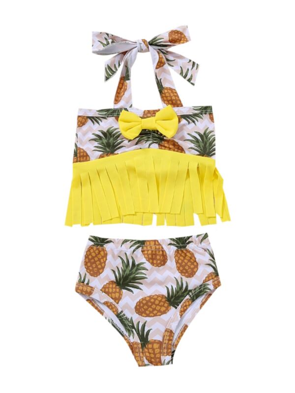 Two-piece Toddler Girl Pineapple Print Bikini Set Tassel Hem Halter Neck Top & Shorts