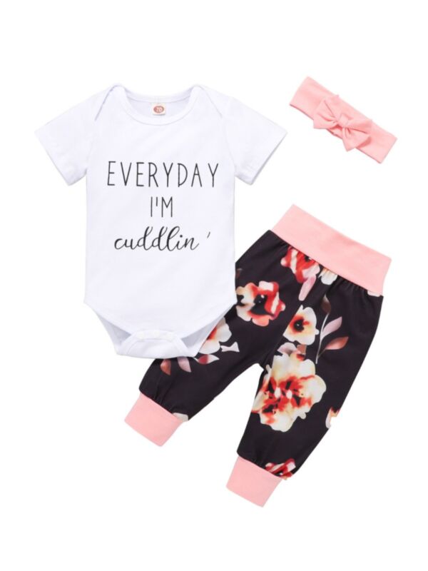 3 Pieces Baby Girl Everyday I'm Cuddlin' Bodysuit & Floral Pants & Headband Set