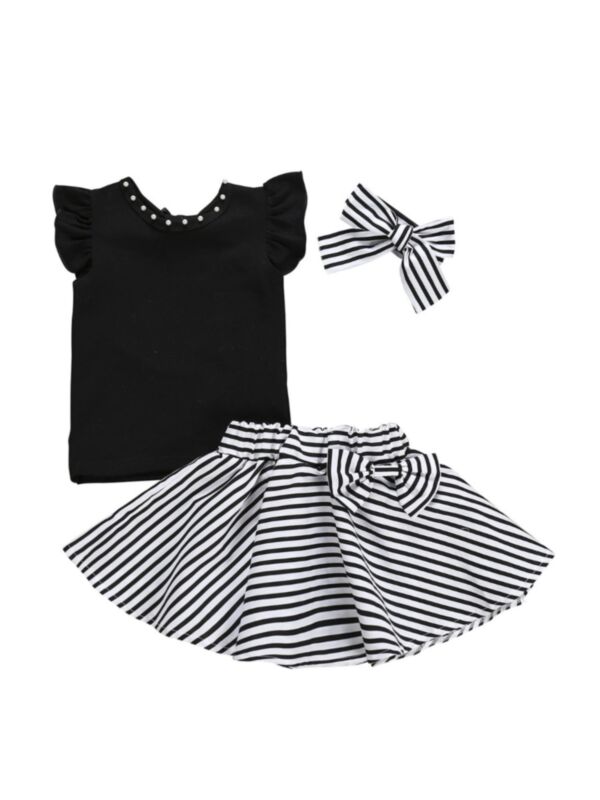 3 PCS Toddler Girl Beaded Trim Flutter Sleeve Top & Stripe Bow Skirt & Headband Set 