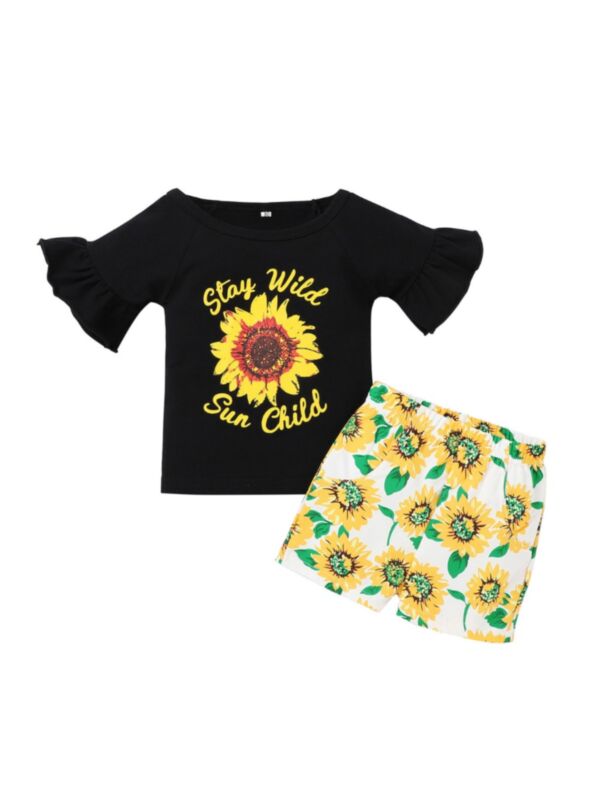 2 Pieces Toddler Girl Stay Wild Sun Child Sunflower Print Set Top & Shorts