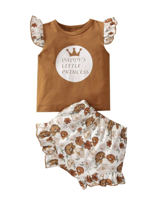 Two Pieces Baby Girl Daddy's Little Princess Floral Print Set Top & Shorts