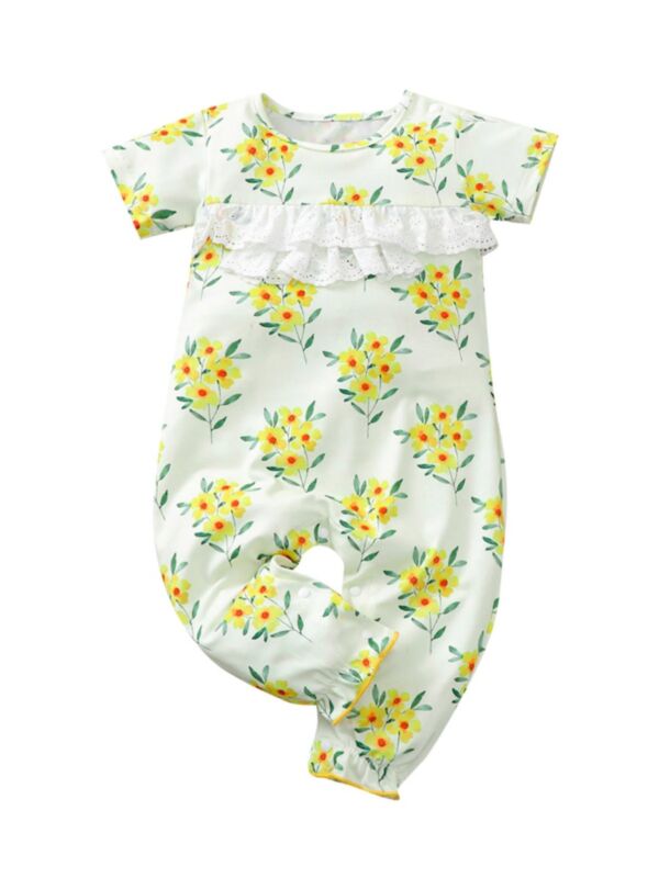 Infant Girl Floral Print Ruffle Eyelet Jumpsuit 