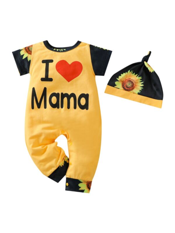 2 Pieces Infant Girl I Love Mama Papa Sunflower Print Jumpsuit And Hat