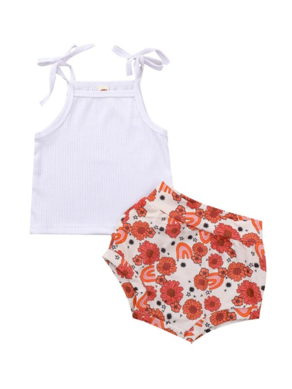 2 PCS Baby Girl Solid Color Ribbed Cami Top And Flower Print Shorts Set