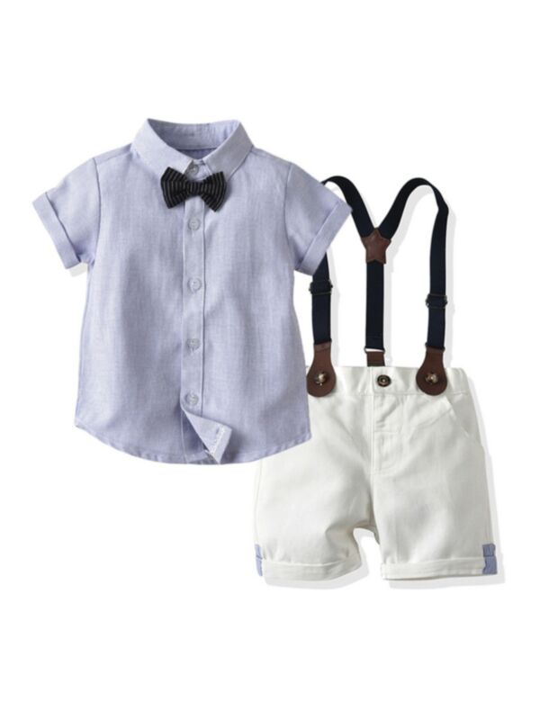 Two-piece Toddler Boys Bow Tie Stripe Shirt With Suspender Shorts