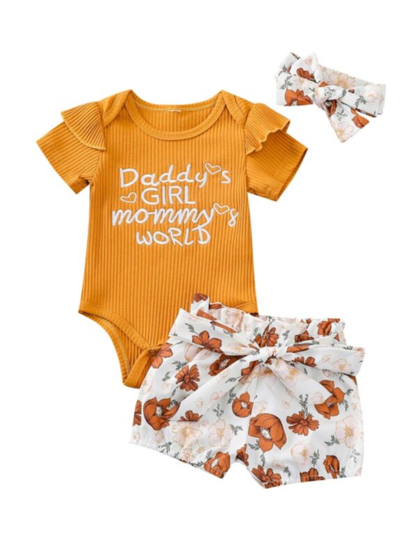 3 Pieces Baby Girl Daddy's Girl Mommy's World Set Ribbed Bodysuit & Floral Shorts & Headband