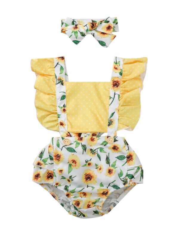 Two Pieces Baby Girl Ruffle Sleeve Backless Polka Dots Sunflower Print Suspender Bodysuit And Headband