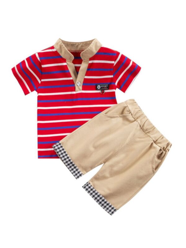 Two Pieces Toddler Boy Stripe Top With Check Shorts Set