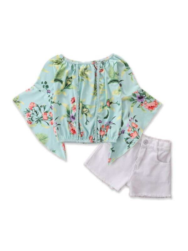 Two Pieces Kid Girl Flared Sleeve Leaves Print Off Shoulder Top Matching Shorts Set 