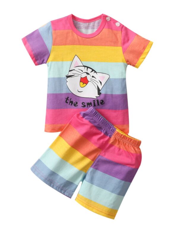 2 Pcs Baby Color Block Stripe The Smile Cat Set Top And Shorts