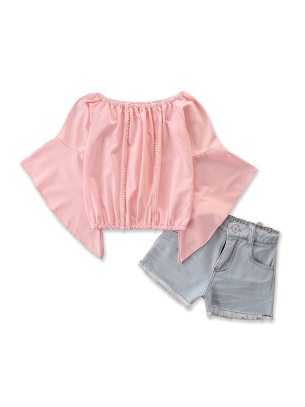 2-Piece Kid Girl Flared Sleeve Off Shoulder Top Matching Denim Shorts Set