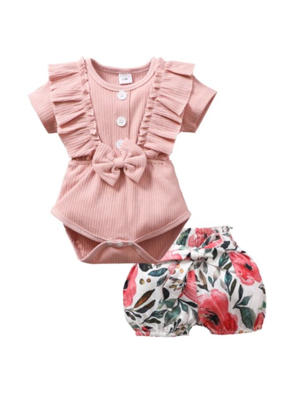 2 PCS Baby Girl Plain Ribbed Bow Bodysuit And Flower Belted Shorts Set