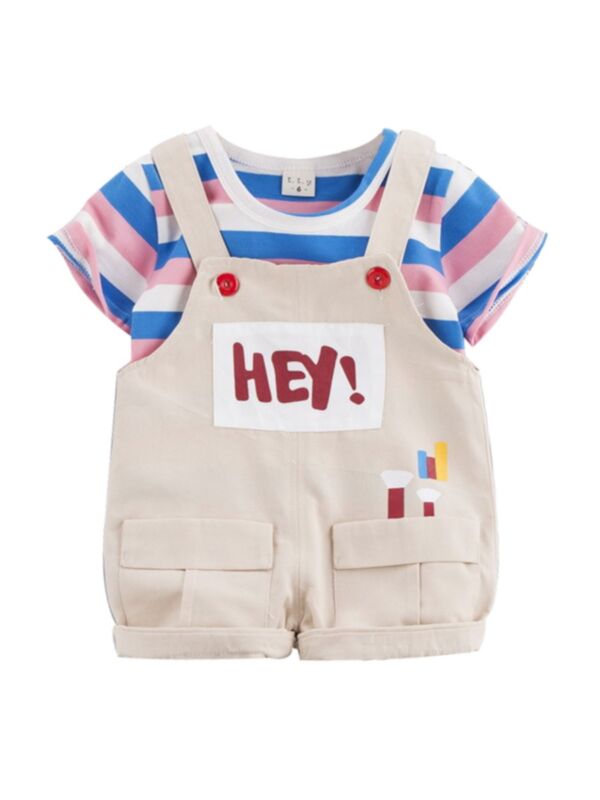 Two Pieces Toddler Stripe T-Shirt With Hey Overalls Shorts Set 