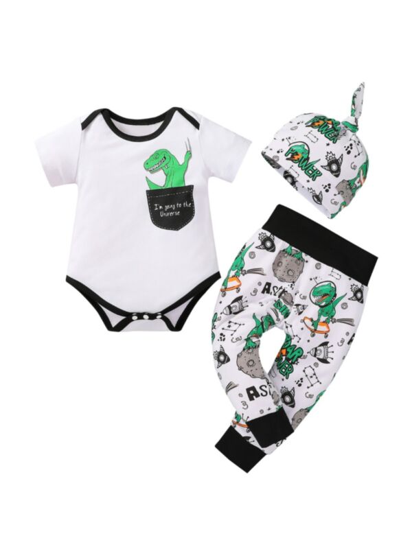 3 Pieces Baby Boy I'm Going To The Universe Print Dinosaur Bodysuit And Pants And Hat Set