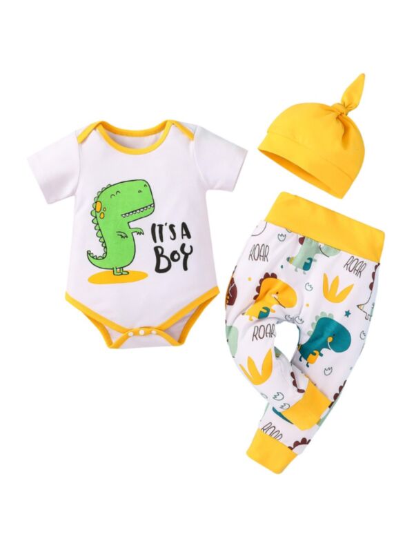 Three Pieces Baby Boy It's A Boy Dinosaur Set Bodysuit & Trousers & Hat 