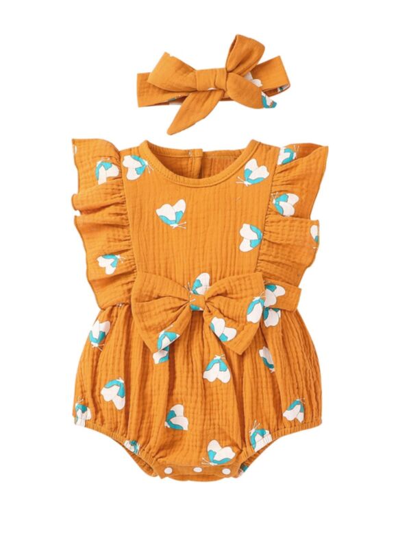 Two Pieces Baby Girl Butterfly Print Muslin Bodysuit With Headband