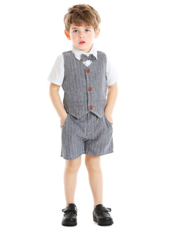 3-Piece Summer Toddler Baby Boys Stripe Clothes Outfits Bow Tie Shirt & Vest & Shorts