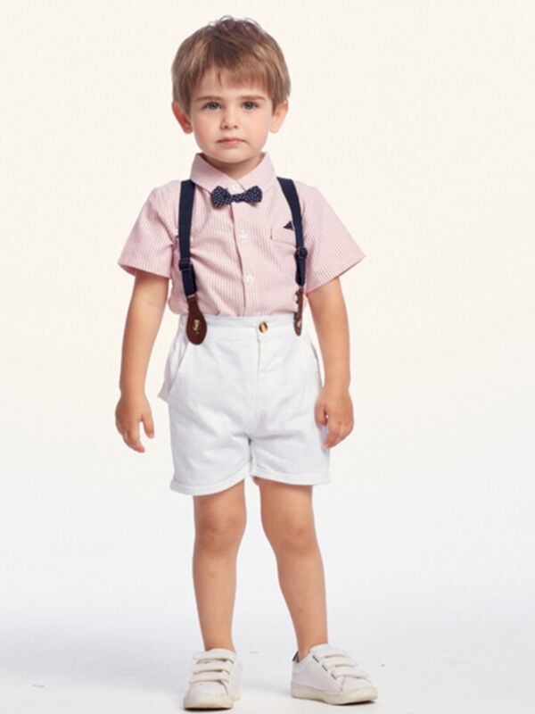 Two Pieces Boy Formal Set Stripe Bow Tie Shirt Boy Strap Short