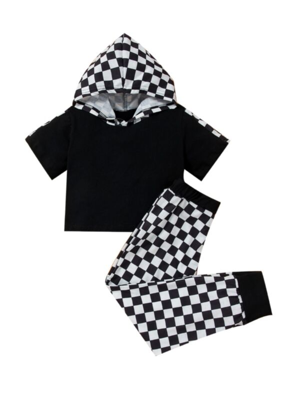 2 Pieces Kid Black White Plaid Checkerboard Set Hooded Top With Sweatpants 