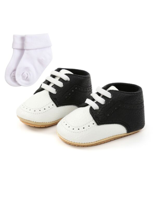 Baby Color Blocking PU Shoes And Socks