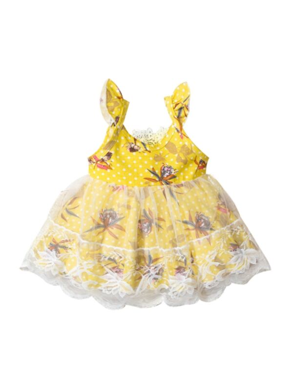 Toddler Girl Lace Detail Mesh Polka Dots Flower Dress
