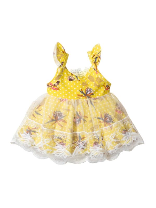 Toddler Girl Lace Detail Mesh Polka Dots Flower Dress