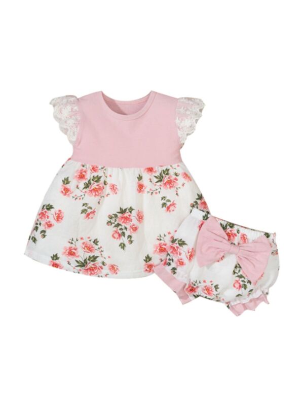 2 Pieces Baby Girl Hit Color Flower Pattern Set Flutter Sleeve Top And Bow Shorts 