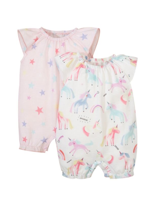 2 Packs Baby Girl Star Or Unicorn Print Romper