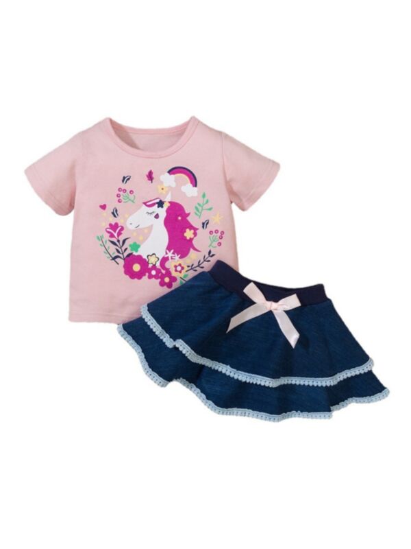 2 Pieces Baby Kid Girl Unicorn Flower Top & Layered Skirt Set