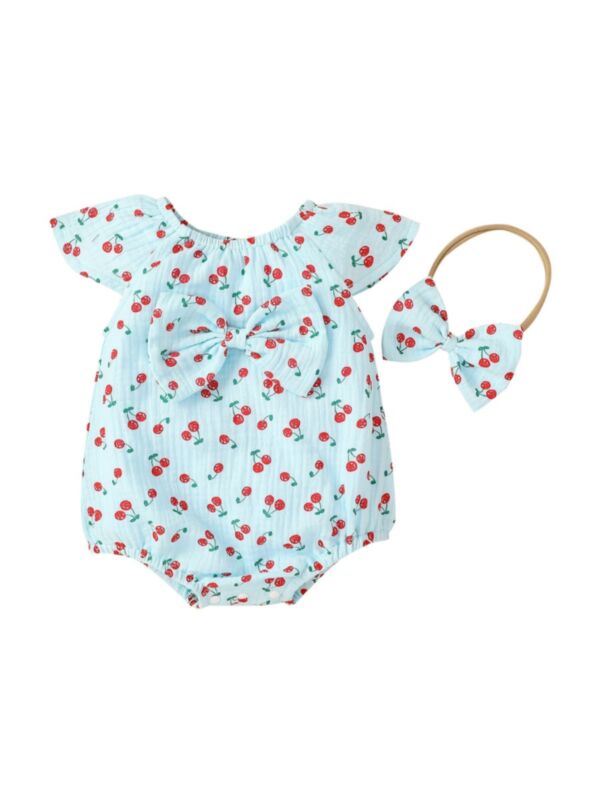 Two Pieces Baby Girl Cherry Print Bow Front Muslin Off Shoulder Bodysuit With Headband