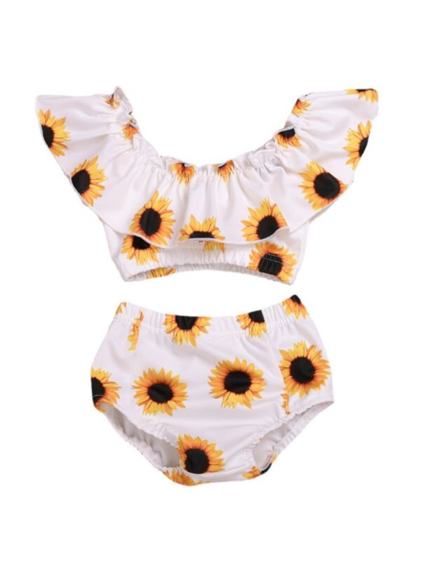 Two Pieces Infant Girl Sunflower Print Set Off-shoulder Top And Shorts