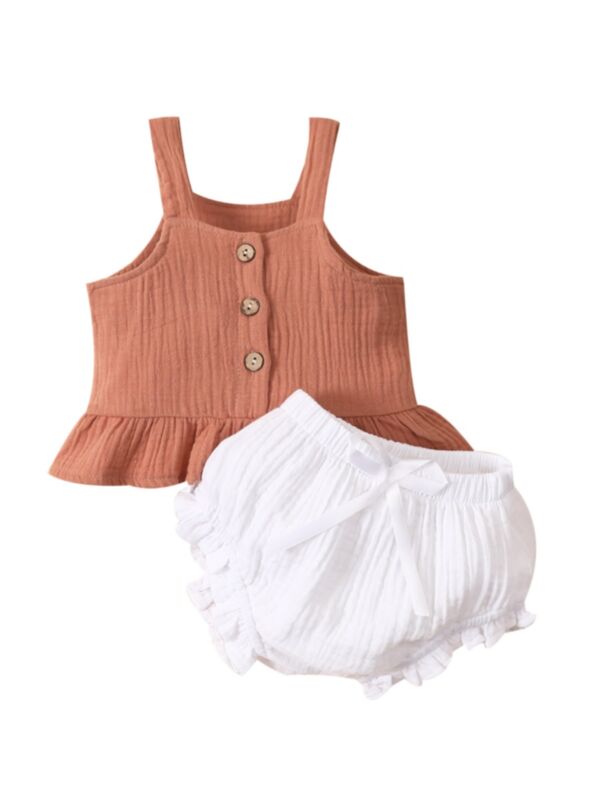 Two Pieces Baby Girl Solid Color Muslin Set Cami Button Top With Bow Shorts
