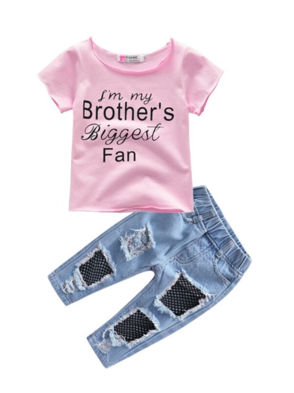 2 Pieces Toddler Girl  I'm My Brother's Biggest Fan  Set Top With Jeans