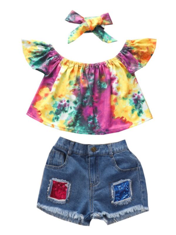 3 Pieces Kid Girl Tie-dye Off Shoulder Top & Sequins Denim Shorts & Headband Set